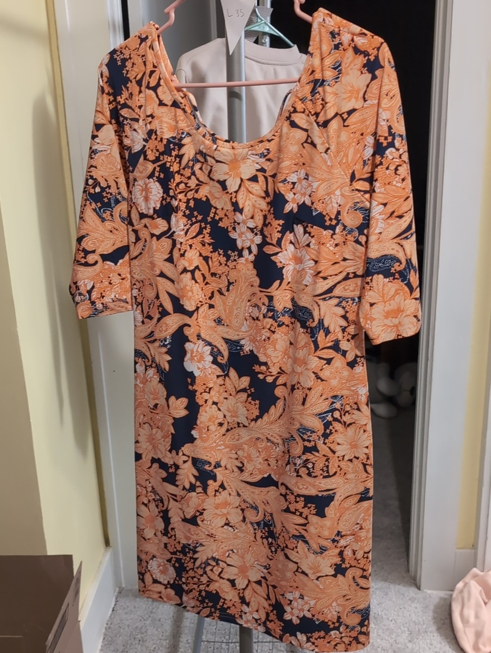 Angels Navy and Peach Floral Scoop-Neck Midi Dress